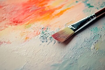 Fototapeta premium Close-up of a paintbrush on colorful canvas.