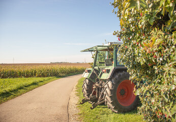 Green agricultural tractor parked beside a rural road next to fields and hedges on a sunny day
