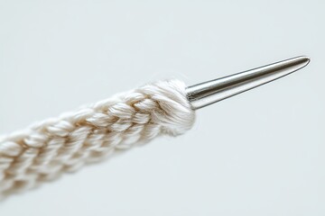 Close-up of knitting needle with yarn detail.