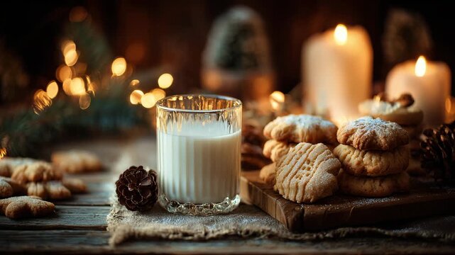 Christmas Cookies and Milk with Candlelight in Cozy Holiday Setting