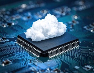 A white cloud rests atop a computer chip on a detailed, blue circuit board