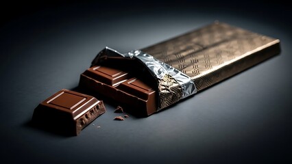 Delicious dark chocolate bar with partially opened elegant golden foil packaging on a dark background for premium indulgence