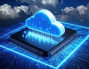 Glowing blue cloud sitting on a computer chip, with a circuit board design