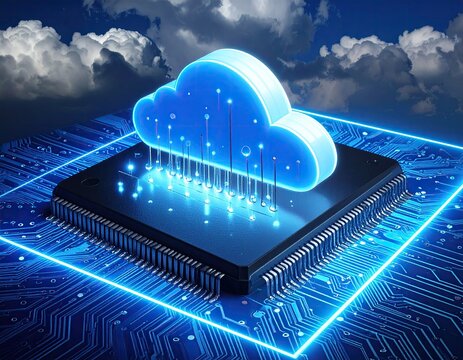 Glowing blue cloud sitting on a computer chip, with a circuit board design - Powered by Adobe