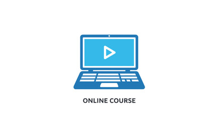 Blue laptop icon with play button on screen, suggesting video course