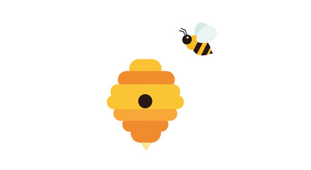 Graphic image of a honeybee in flight near its stacked, orange & yellow beehive