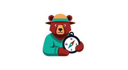 Cartoon bear in hat with compass, colorful and angular style