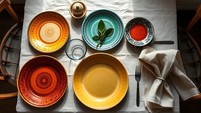 coarse. Overhead view of a traditional Italian table with colorful plates and linen. menu design, packaging mockups, designed for culinary blogs and recipe cards for restaurants, inspires cooking.
