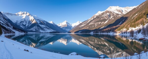 Skiing in the winter season snowy landscape by the lake cold weather adventure christmas vibes
