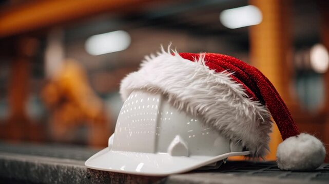 White Hard Hat Wearing a Festive Red Santa Hat in a Warmly Lit Industrial Factory with Bokeh Background