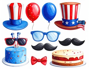 Patriotic collection of illustrations hats, balloons, glasses, mustaches, cakes, bow tie and a flag