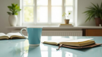Fototapeta premium Peaceful morning study session with a warm beverage and open books on a bright windowsill