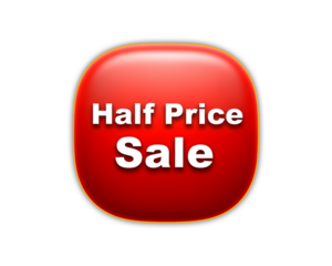 Red half price sale button isolated on white background isolated on transparent background