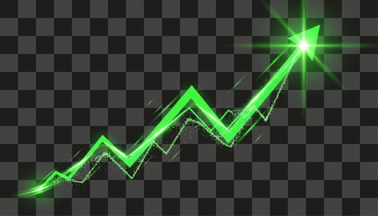 An upward trending green arrow with a glowing effect symbolizes success and growth. The arrow dynamic path and sparkling trail evoke progress, achievement, and positive market trends.