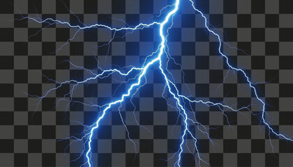 Electric blue lightning strikes powerfully against a transparent backdrop, symbolizing energy and force. Ideal for weather concepts, graphic design, and special effects composites.