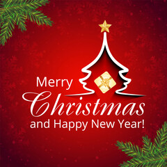 Gold Christmas and New Year Typographical on red Xmas background with winter landscape with snowflakes, light, stars. Merry Christmas card. Vector Illustration