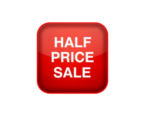 Red half price sale button isolated on white background isolated on transparent background