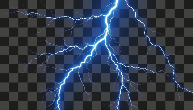Electric blue lightning strikes powerfully against a transparent backdrop, symbolizing energy and force. Ideal for weather concepts, graphic design, and special effects composites.