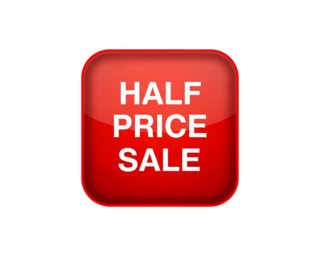 Red half price sale button isolated on white background isolated on transparent background