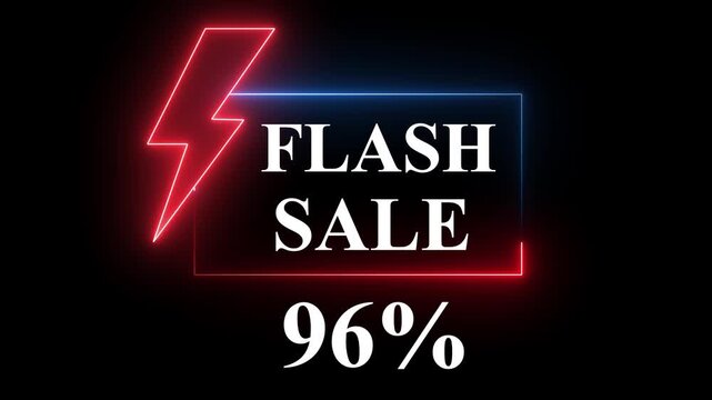Blue and Red color neon sign promoting a flash sale with a bold -96% discount. Perfect for showcasing digital marketing and e-commerce promotions.4k animation video..