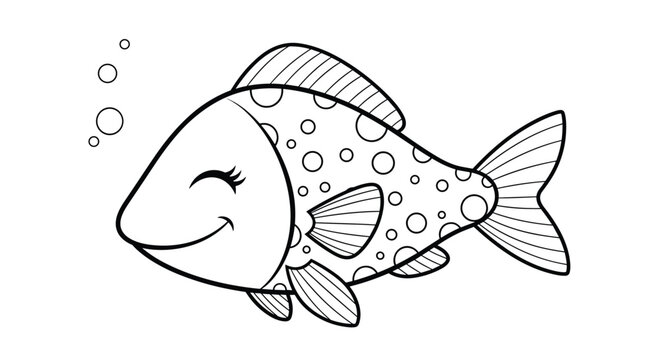 Cute cartoon fish with polka dots and a smiling face swimming among bubbles, perfect for coloring pages and children's books.