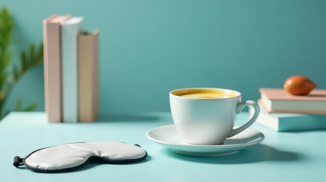 Peaceful Morning Ritual A cup of warm beverage, a sleep mask, and books await a restful day