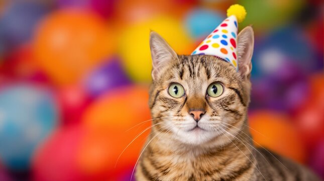 tabby cat with green eyes wears a polka-dotted party hat, surrounded by colorful balloons in the background.