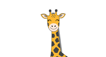 Obraz premium Illustration of a cute and smiling giraffe with black spots and eyelashes looking at the viewer on a white background.