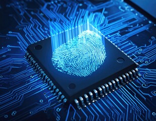 A glowing fingerprint is projected onto a central chip within a larger digital circuit board