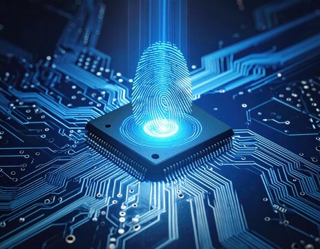 Glowing fingerprint scan superimposed over a computer chip and a circuit board - Powered by Adobe