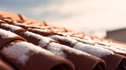 Snow-kissed terracotta roof tiles create a rustic winter scene. The textured tiles and delicate snow evoke warmth and resilience against the cold, showcasing the beauty of winter.