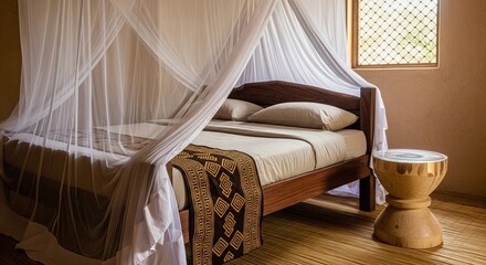 Rustic bedroom interior with wooden bed and white mosquito net canopy near lattice window