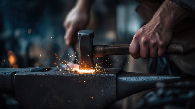 Blacksmith Forging Hot Iron on Anvil with Mallet
