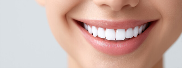 Obraz premium Radiant smile close-up with perfectly white teeth and soft natural lips on a clean light background, ideal for dental banners, whitening ads, clinic promotions and cosmetic branding
