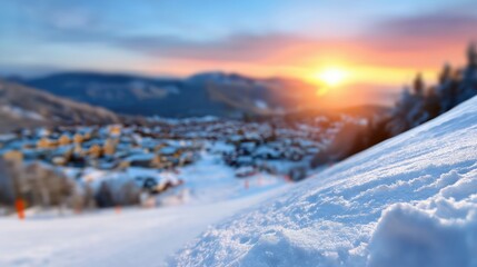 Blurred stunning sunset over snowy mountain village landscape in winter