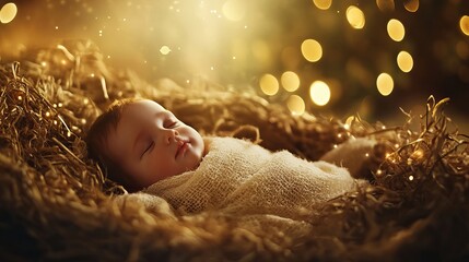 Peaceful baby sleeping soundly in a rustic manger with dreamy golden lights, perfect for holiday cards, religious events, and family celebrations