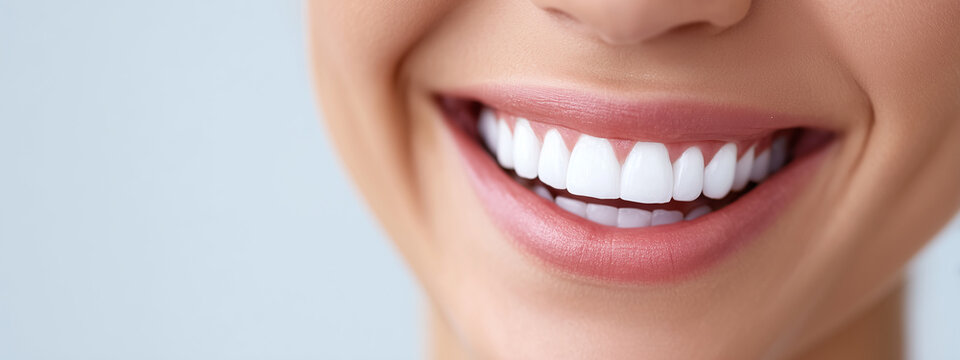 Radiant smile close-up with perfectly white teeth and soft natural lips on a clean light background, ideal for dental banners, whitening ads, clinic promotions and cosmetic branding