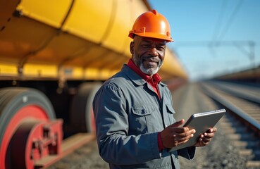 African american railway worker with tablet pc near train. Smiling man in orange hard hat checks freight train. Railway employee inspecting cargo in industrial setting. Transport worker at work.