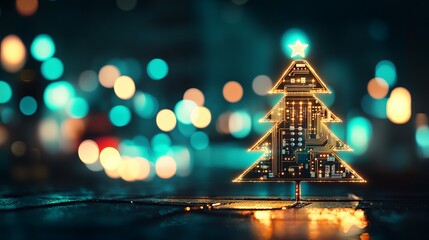 Stunning digital Christmas tree illuminated with circuit board patterns and glowing star, set against a bokeh city night background