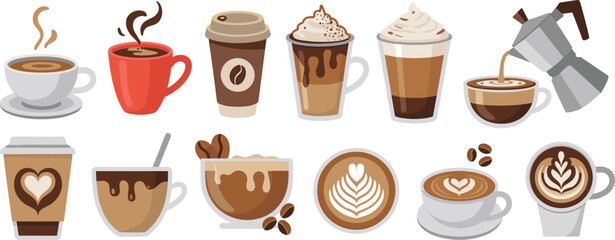 Coffee drinks illustration, espresso, latte art, cappuccino, moka pot, iced coffee, whipped cream, beans, steam, cartoon style, vector © Creative Art