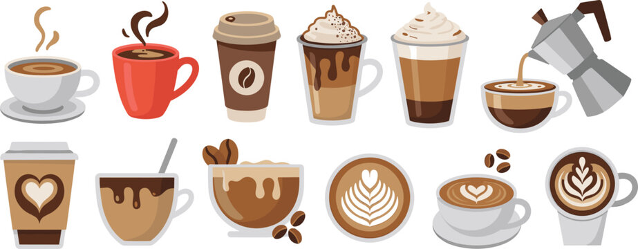 Coffee drinks illustration, espresso, latte art, cappuccino, moka pot, iced coffee, whipped cream, beans, steam, cartoon style, vector