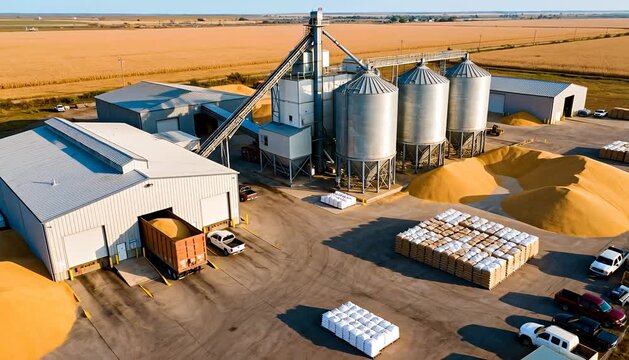 Aerial view of grain elevator facility with silos and agricultural storage during harvest season, silo.