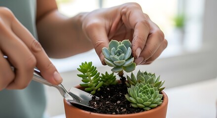 Woman's hands planting succulent plants into terracotta pot indoors
