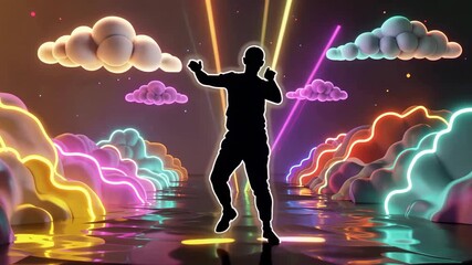 Dynamic silhouette dancing in a vibrant neon-lit digital landscape, featuring glowing clouds