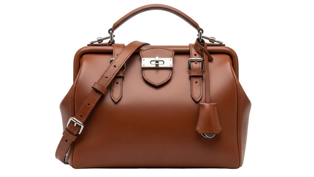 Elegant brown leather doctor s bag isolated PNG, vintage style handbag with top handle and shoulder strap on transparent background