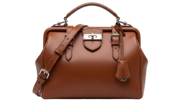 Elegant brown leather doctor s bag isolated PNG, vintage style handbag with top handle and shoulder strap on transparent background - Powered by Adobe