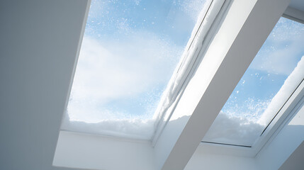 A rooftop window offers a glimpse of the winter sky with snow clinging to its edges, creating a stark contrast against the bright blue. The minimalist design accentuates the wintry scene.