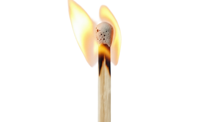 Burning matchstick PNG isolated on transparent background, flame and fire concept for safety and caution, striking a match for starting a fire