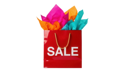 Red shopping bag with colorful tissue paper isolated PNG, sale concept for retail and promotional use on transparent background