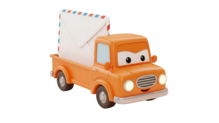 Orange cartoon mail truck PNG isolated on transparent background, cute vehicle with envelope for kids design and postal service